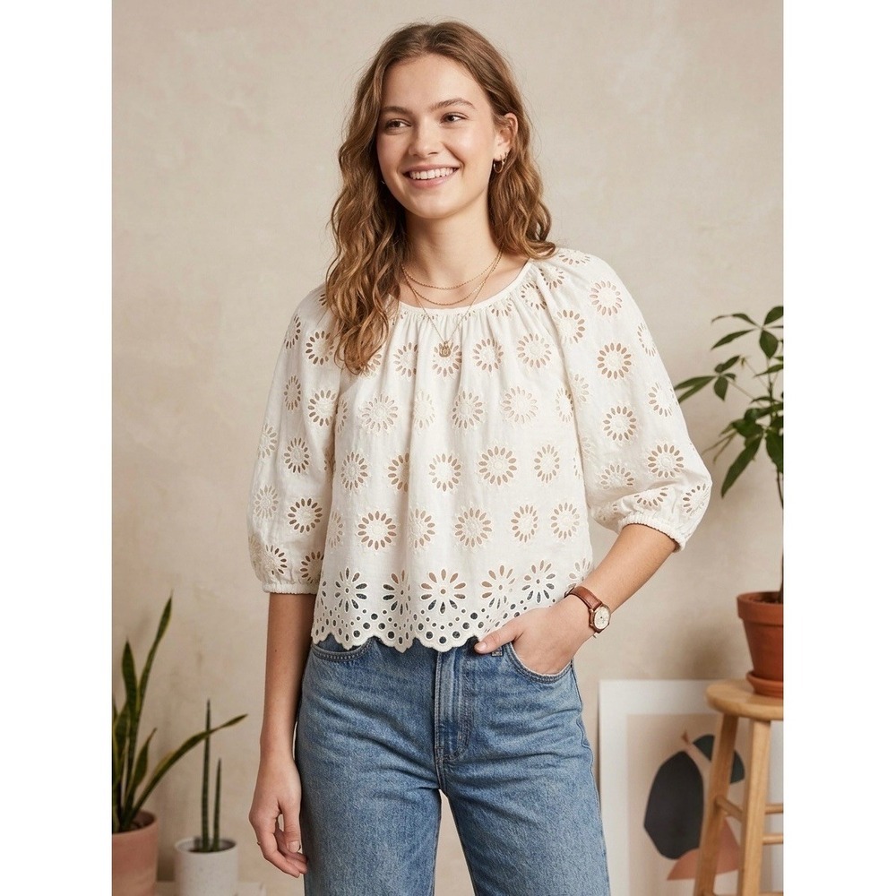 Madewell Eyelet Puff Sleeve Top Antique White Floral Scallop Hem XXS